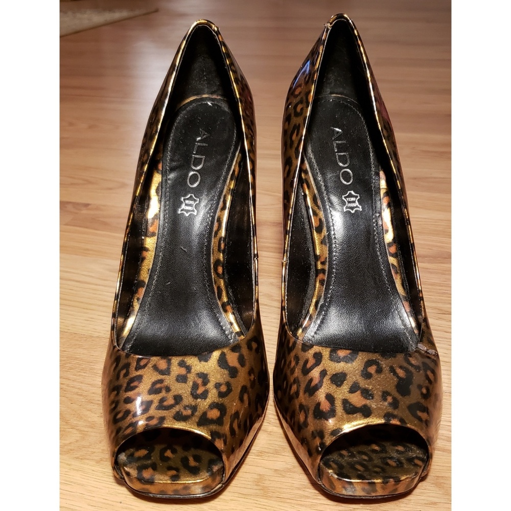 Aldo | Patent Leather Leopard Print Peep-Toe - Picture 2 of 7